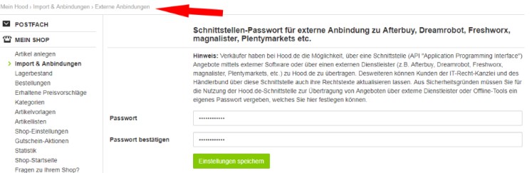 API-Keyword f&uuml;r externe Anbindungen vergeben und best&auml;tigen