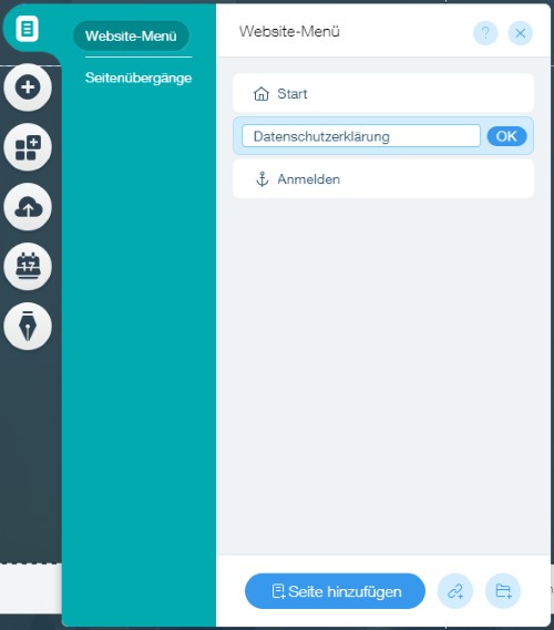 Anlage Seite Datenschutzerkl&auml;rung bei Wix