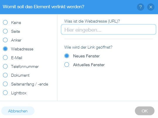 Auswahl Webadresse bei der Linksetzung bei Wix