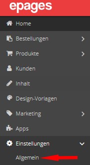 Auswahl der Men&uuml;punkte Einstellungen und Allgemein bei ePages
