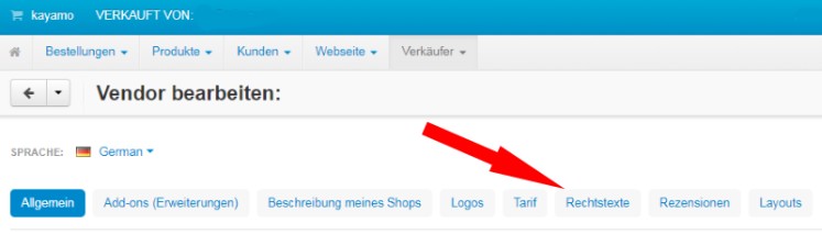 Auswahl der Rechtstexteseiten im kayamo-H&auml;ndleraccount