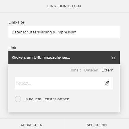 Datenschutzerkl&auml;rung und Impressum als Direktlink in der Fu&szlig;zeile bei Squarespace
