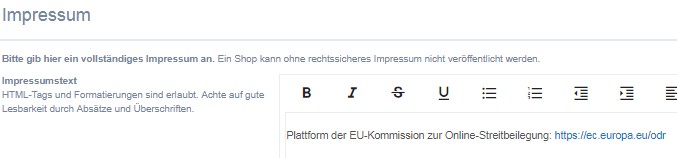 Eingabebereich f&uuml;r das Impressum bei kasuwa