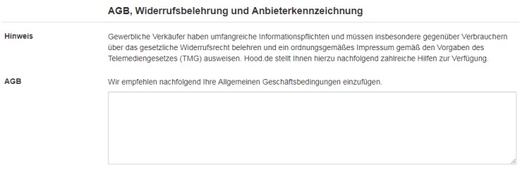 Eingabebereich f&uuml;r die AGB bei Hood