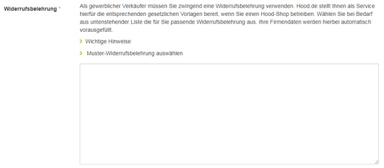 Eingabebereich f&uuml;r die Widerrufsbelehrung bei Hood
