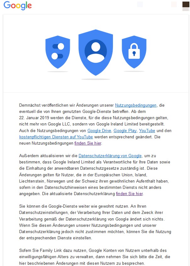 Google-Mitteilung zur &Auml;nderung der Nutzungsbedingungen und der Datenschutzerkl&auml;rung
