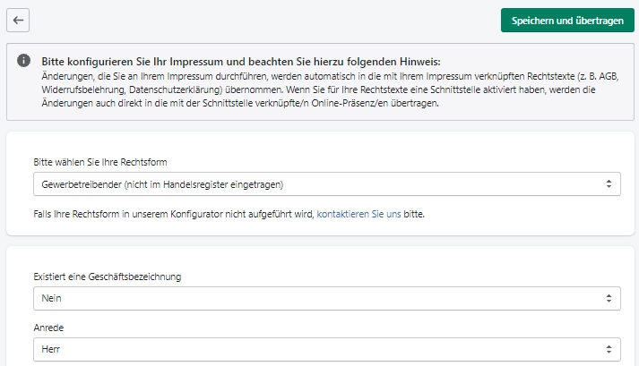 Shopify - Konfigurationsansicht f&uuml;r das Impressum