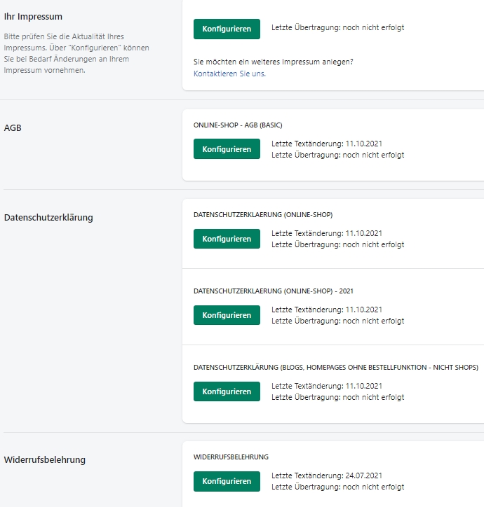 Shopify - &Uuml;bersicht der zu konfigurierenden Rechtstexte