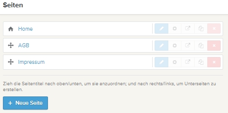 &Uuml;bersicht der angelegten webador Seiten