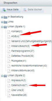 &Uuml;bersicht der bei shopware vordefinierten Shopseiten mit Seiten-ID