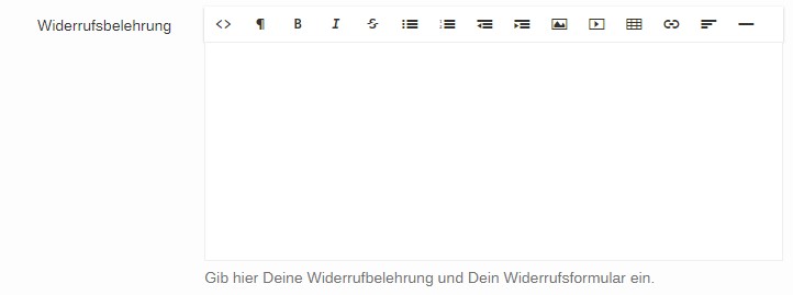 productswithlove Eingabebereich f&uuml;r die Widerrufsbelehrung mit Widerrufsformular