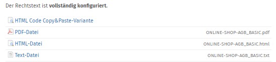 verf&uuml;gbare Formate der Rechtstexte Onlineshop