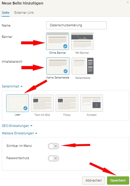 webador neue Seite anlegen f&uuml;r die Datenschutzerkl&auml;rung